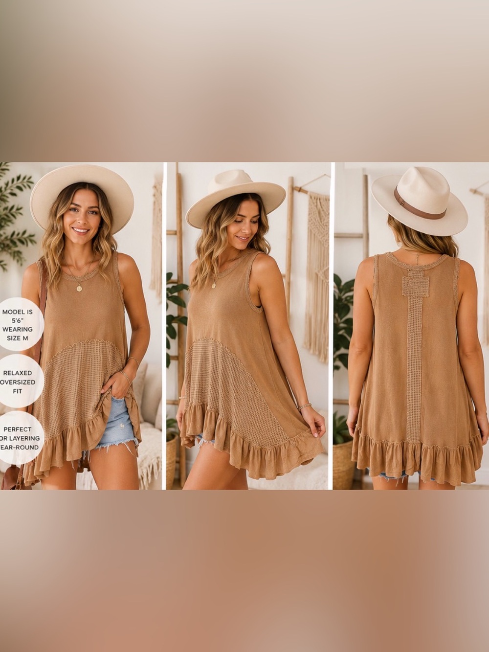 582 POL Boho Thermal Waffle Knit Tunic Tank Dress Camel Beige Ruffle Hem Medium